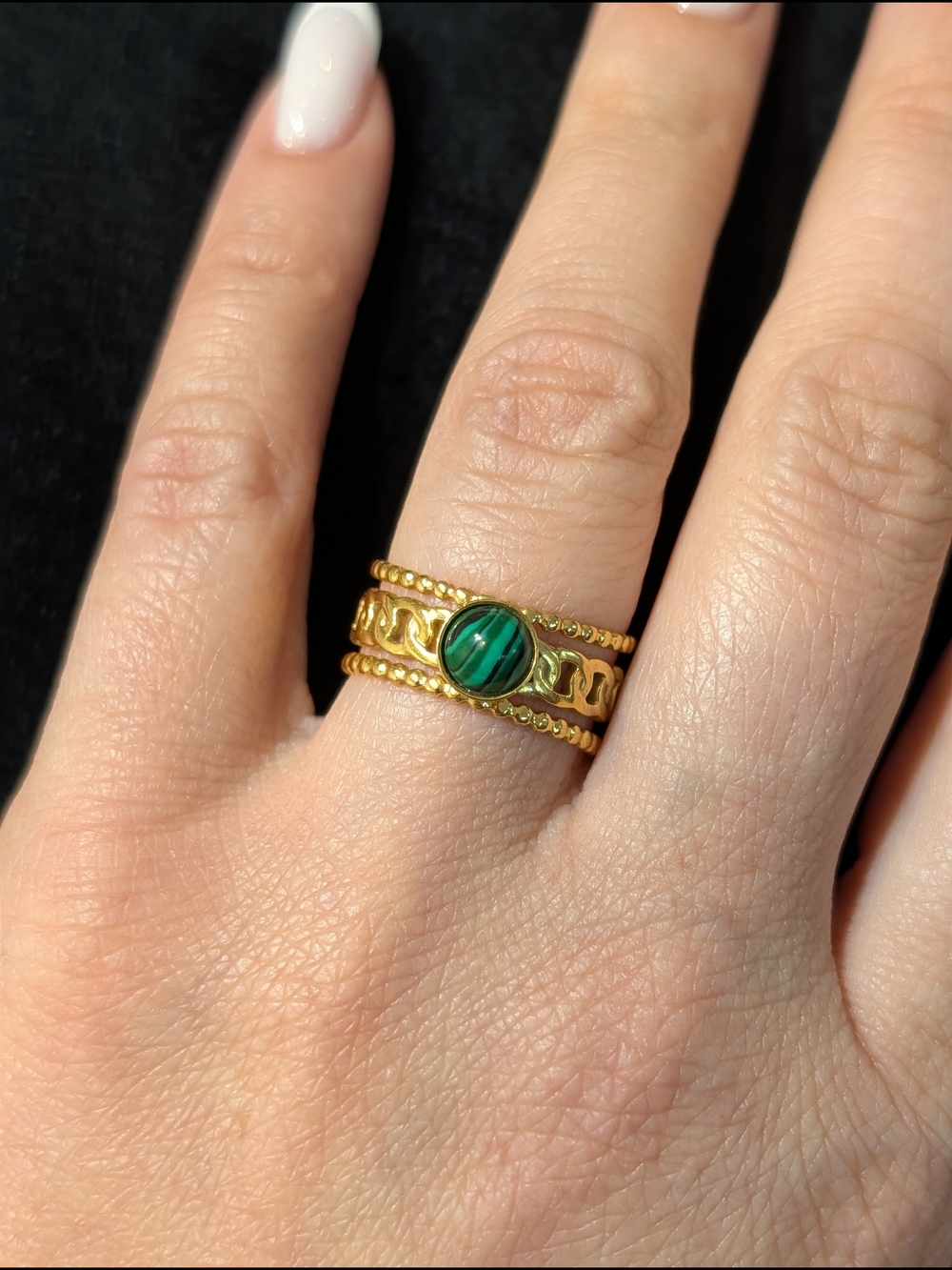 Gold Tone Ring with Green Malachite Center